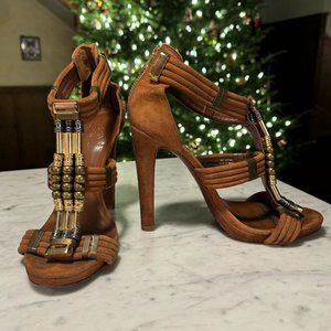 Tory Burch Carla Brown Suede Beaded T-Strap Heels Size 8M